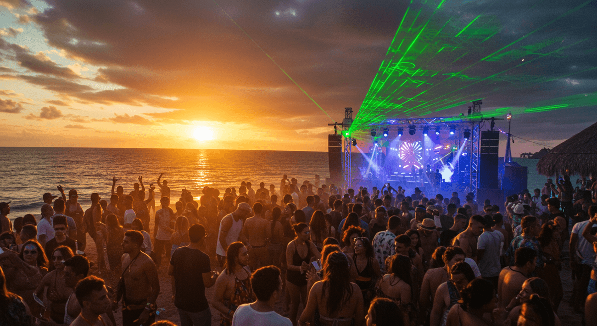 Elegant fashion show setup with tropical decorations